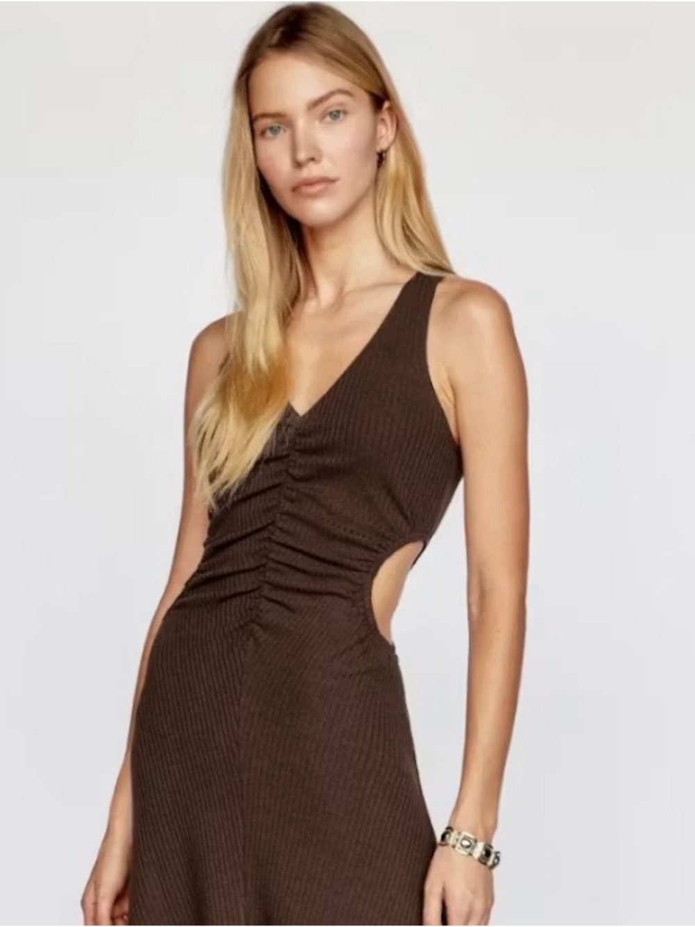 Reformation Cafe Brown Ribbed Cutout Midi Dress